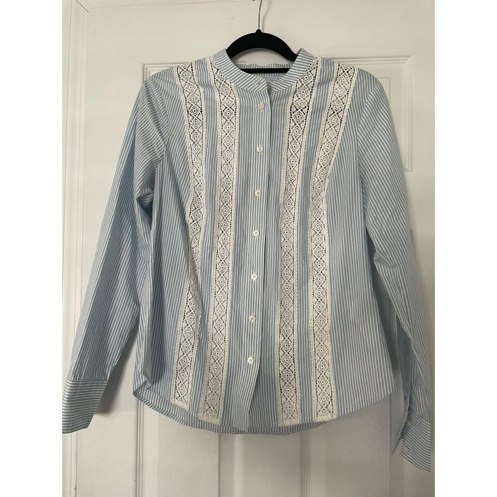 Boden Womens Button Down Blouse Sz 10 Lace Eyelet Detail Blue White Business